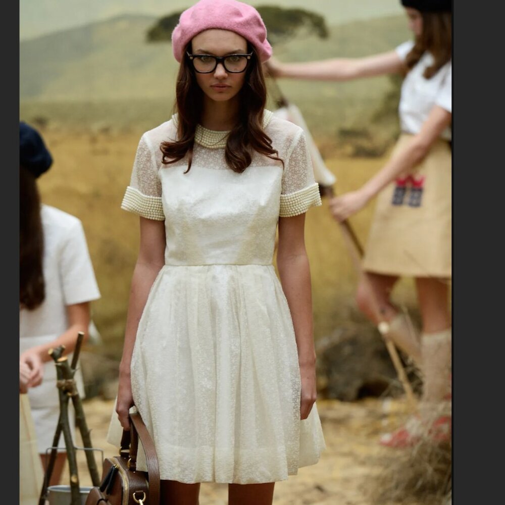Orla Kiely Cream Lace Short-Sleeve Wedding Dress with Pearl Collar